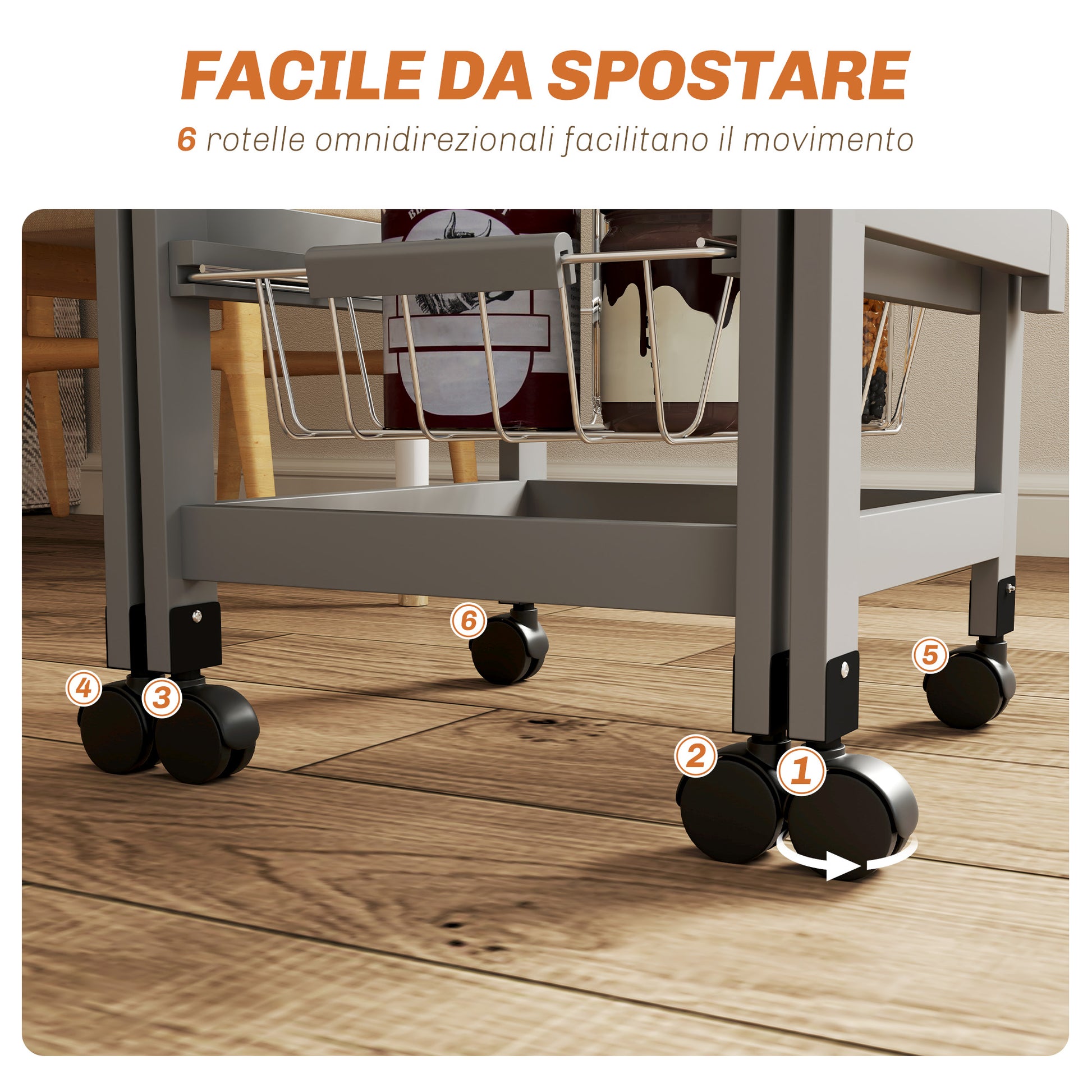 Folding Serving Cart with 6 Wheels, 3 Baskets, Drawer, and 2 Drop-Leaf Extensions, Kitchen Trolley in MDF and Metal, 37x37x77.5 cm, Gray and Oak