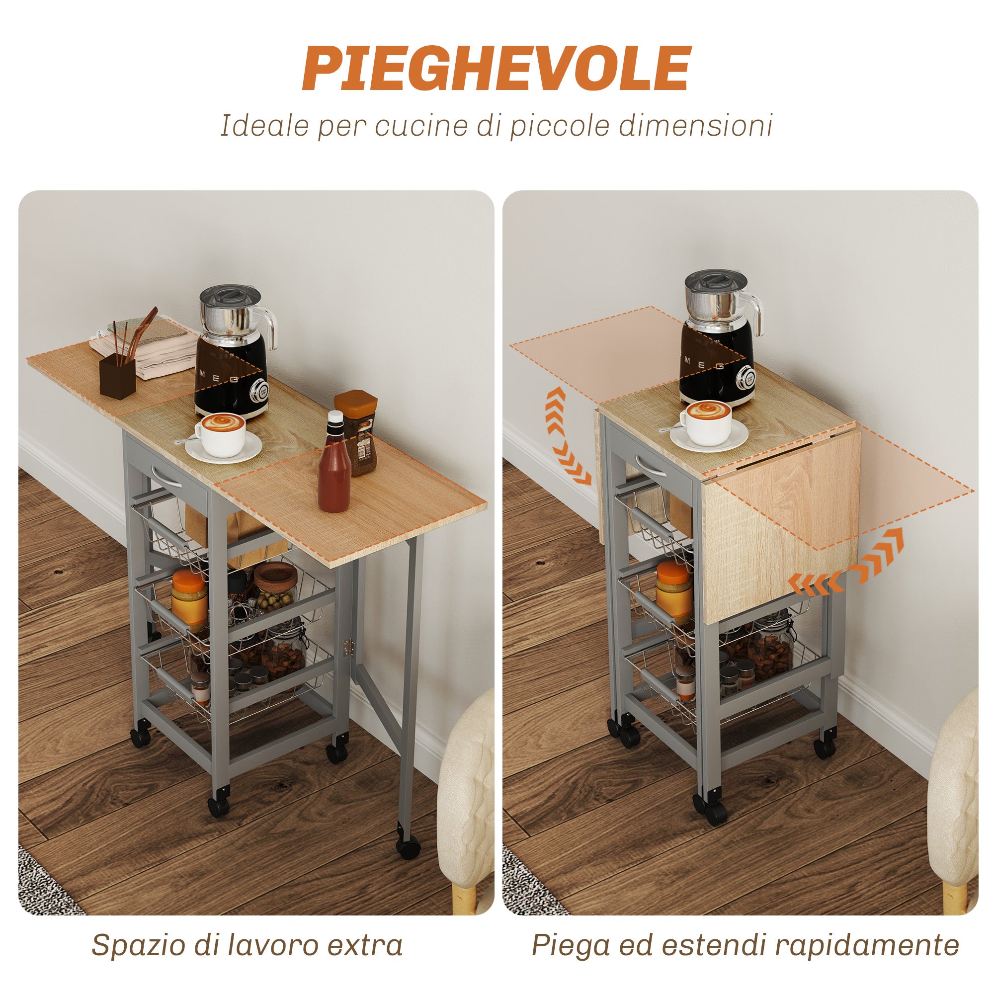 Folding Serving Cart with 6 Wheels, 3 Baskets, Drawer, and 2 Drop-Leaf Extensions, Kitchen Trolley in MDF and Metal, 37x37x77.5 cm, Gray and Oak
