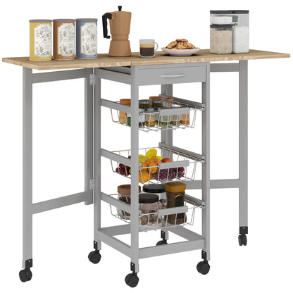 Folding Serving Cart with 6 Wheels, 3 Baskets, Drawer, and 2 Drop-Leaf Extensions, Kitchen Trolley in MDF and Metal, 37x37x77.5 cm, Gray and Oak