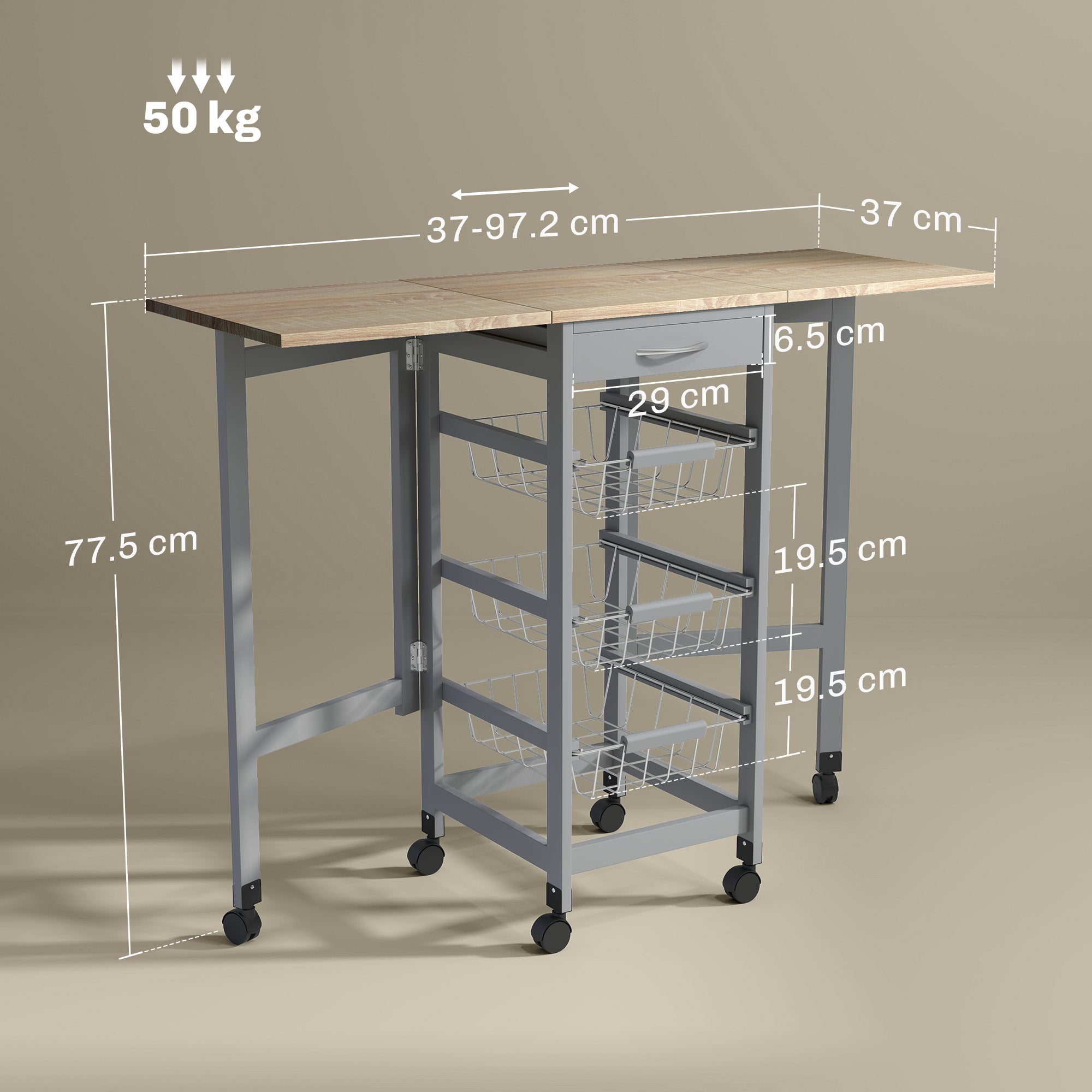 Folding Serving Cart with 6 Wheels, 3 Baskets, Drawer, and 2 Drop-Leaf Extensions, Kitchen Trolley in MDF and Metal, 37x37x77.5 cm, Gray and Oak