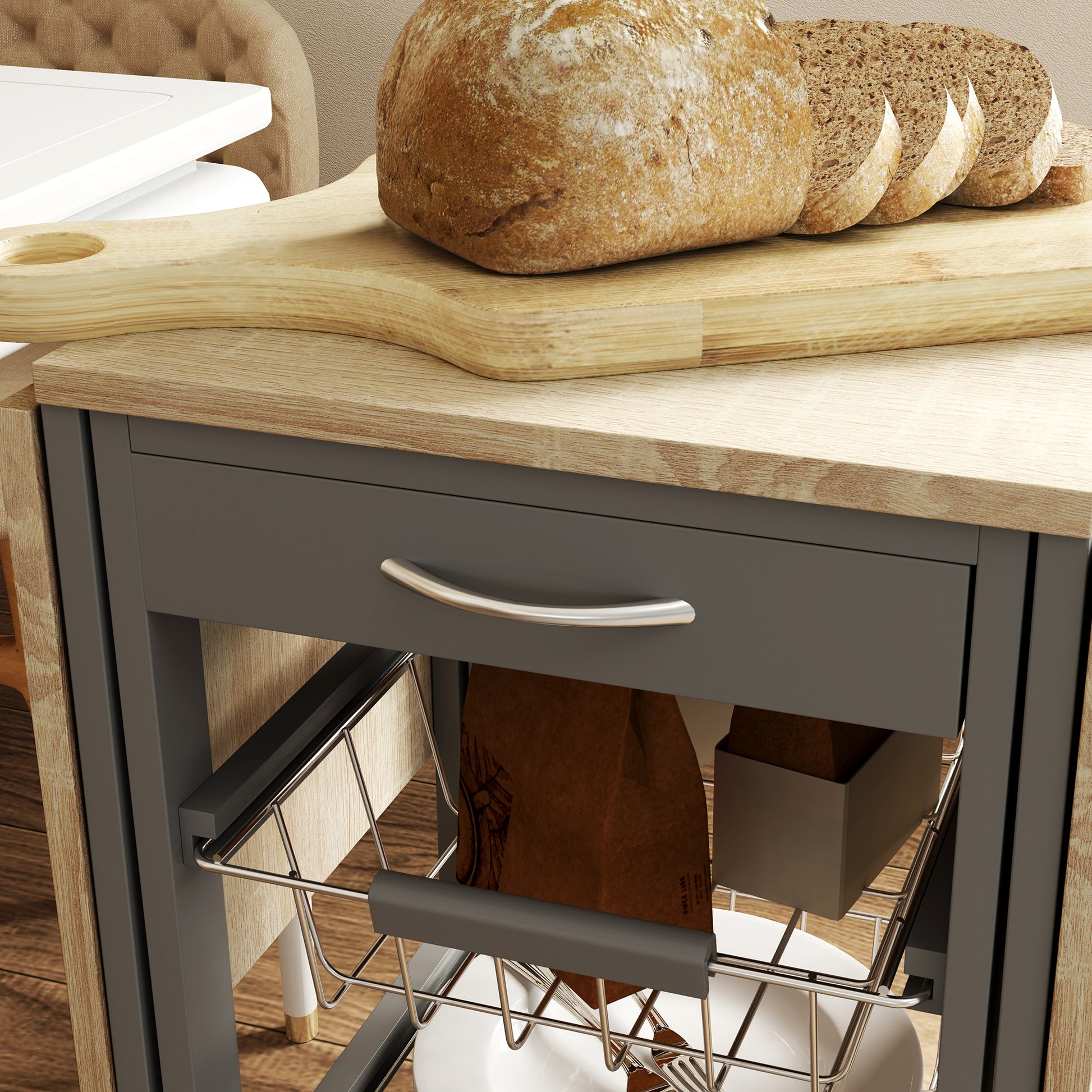Folding Serving Cart with 6 Wheels, 3 Baskets, Drawer, and 2 Drop-Leaf Extensions, Kitchen Trolley in MDF and Metal, 37x37x77.5 cm, Gray and Oak