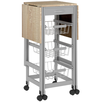 Folding Serving Cart with 6 Wheels, 3 Baskets, Drawer, and 2 Drop-Leaf Extensions, Kitchen Trolley in MDF and Metal, 37x37x77.5 cm, Gray and Oak