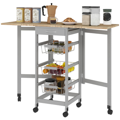 Folding Serving Cart with 6 Wheels, 3 Baskets, Drawer, and 2 Drop-Leaf Extensions, Kitchen Trolley in MDF and Metal, 37x37x77.5 cm, Gray and Oak