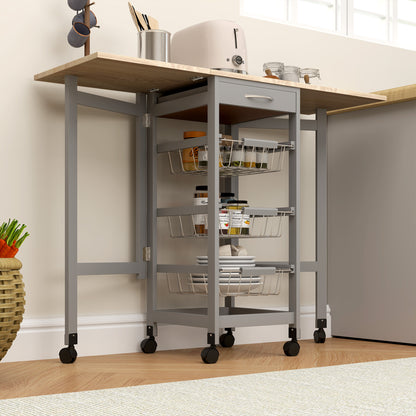 Folding Serving Cart with 6 Wheels, 3 Baskets, Drawer, and 2 Drop-Leaf Extensions, Kitchen Trolley in MDF and Metal, 37x37x77.5 cm, Gray and Oak