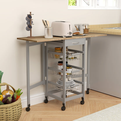 Folding Serving Cart with 6 Wheels, 3 Baskets, Drawer, and 2 Drop-Leaf Extensions, Kitchen Trolley in MDF and Metal, 37x37x77.5 cm, Gray and Oak