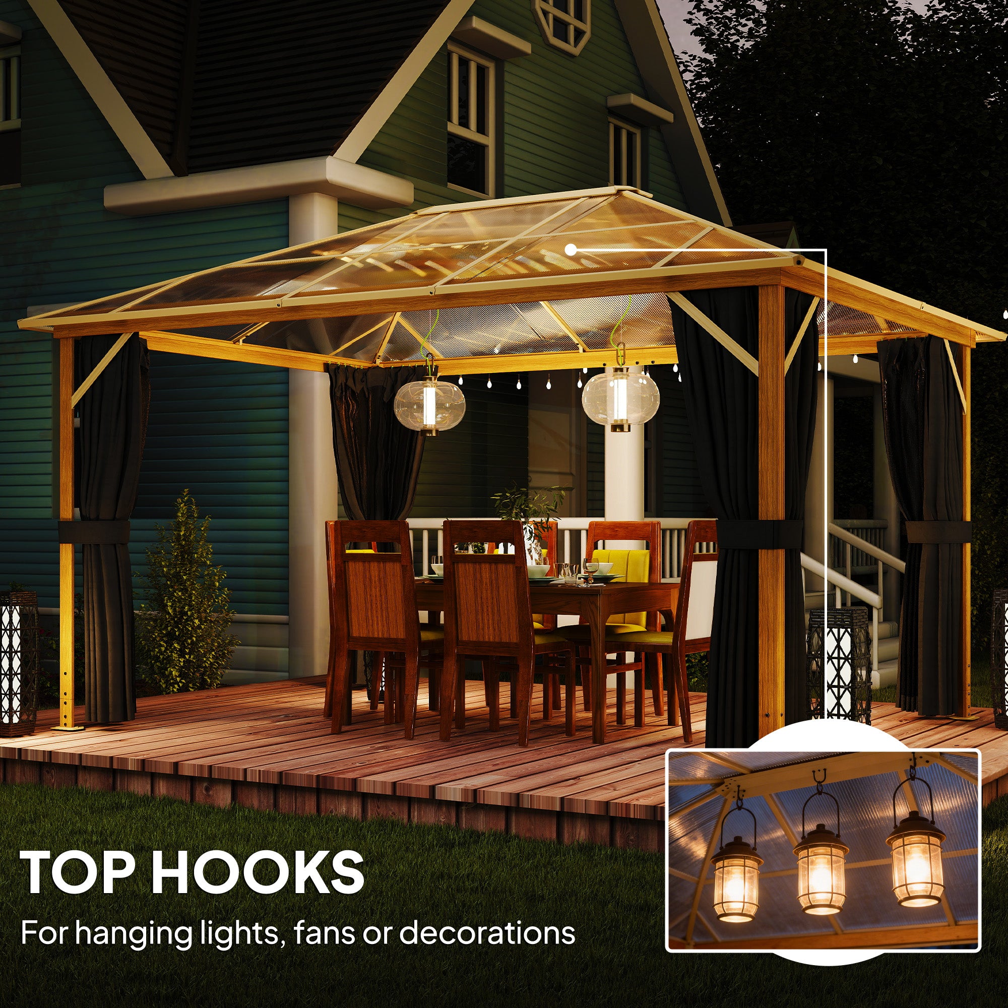 4 x 3 m Aluminum Gazebo with 6 mm Polycarbonate Hardtop, Wood-Grain Finish, Mosquito Net & 4 Side Curtains — Winter-Resistant Pergola with Ceiling Hooks (Natural Wood)
