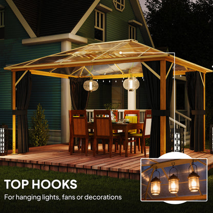 4 x 3 m Aluminum Gazebo with 6 mm Polycarbonate Hardtop, Wood-Grain Finish, Mosquito Net & 4 Side Curtains — Winter-Resistant Pergola with Ceiling Hooks (Natural Wood)