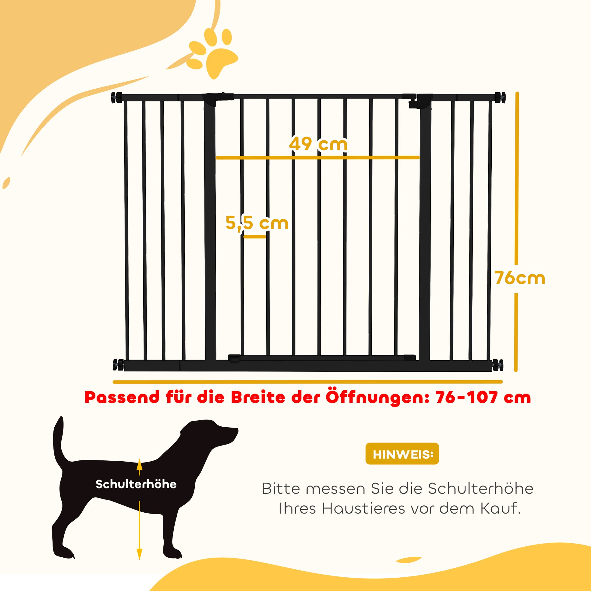 Door Safety Gate Stair Guard with 10/15 cm Extension Door Gate Without Drilling Stair Gate for Widths 76-107 cm One-Hand Opening Steel Black