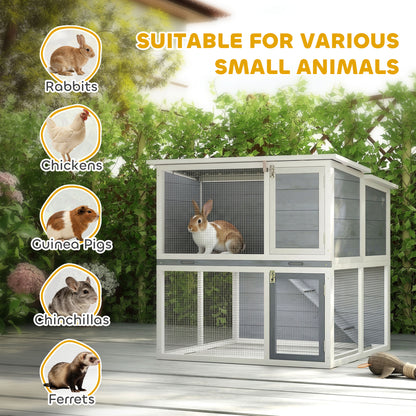 2-Tier Wooden Rabbit Hutch with Run, Weatherproof Roof, Ramp & Doors, 98 × 95 × 102.5 cm — Gray