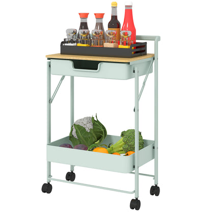 2-Tier Rolling Utility Cart with 1 Drawer and 1 Basket Organizer Cart for Bedroom Living Room Office Light Green