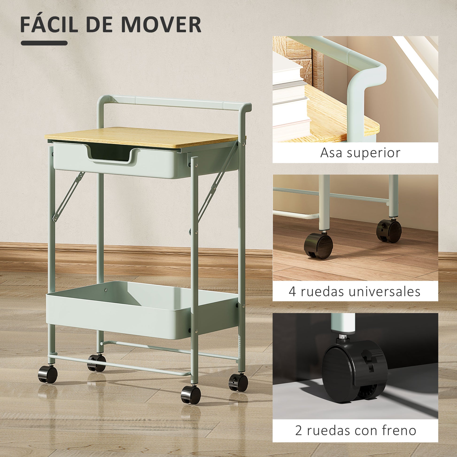 2-Tier Rolling Utility Cart with 1 Drawer and 1 Basket Organizer Cart for Bedroom Living Room Office Light Green