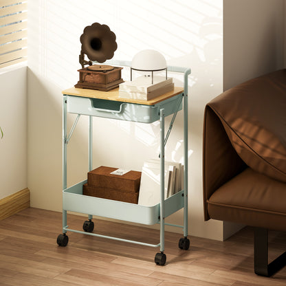 2-Tier Rolling Utility Cart with 1 Drawer and 1 Basket Organizer Cart for Bedroom Living Room Office Light Green