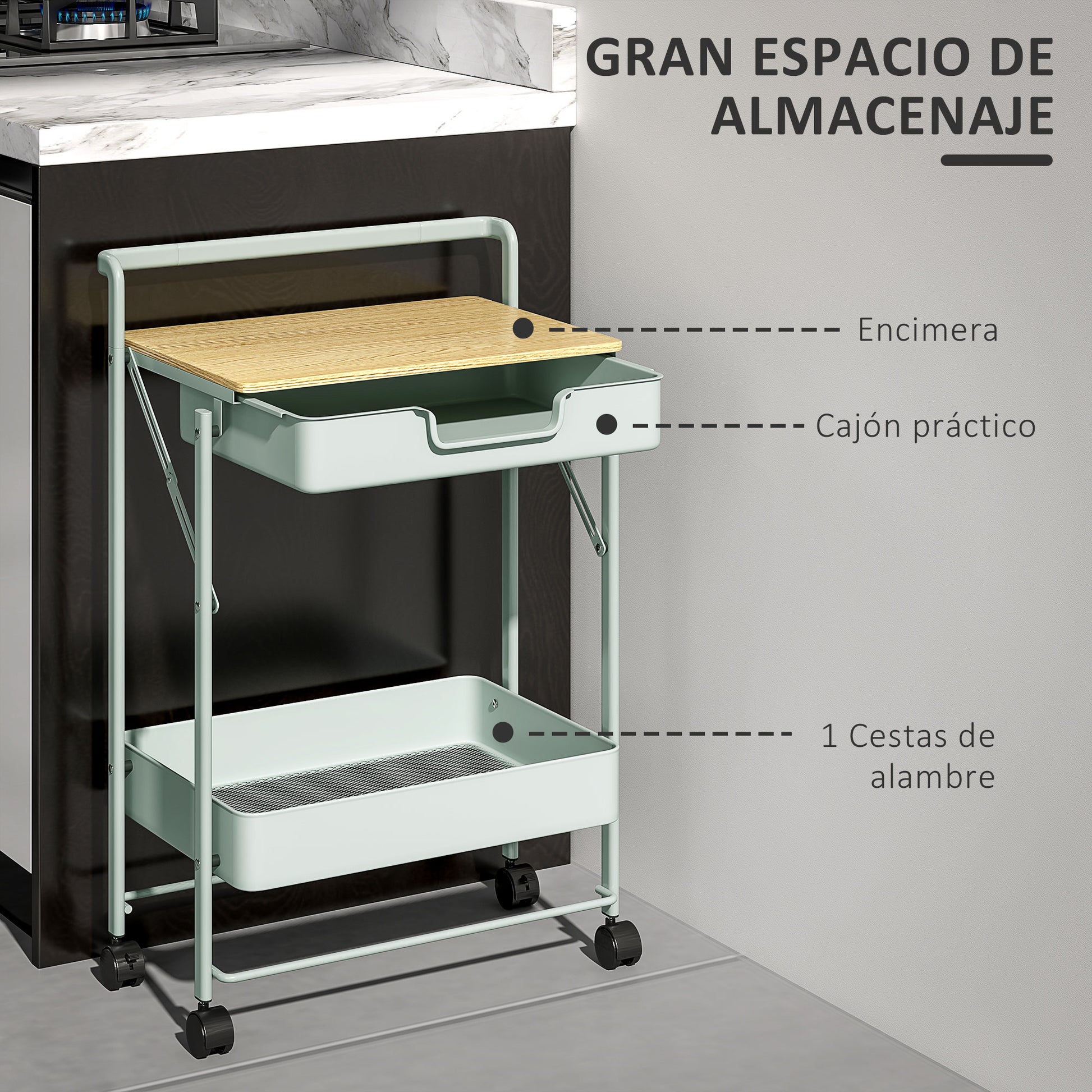 2-Tier Rolling Utility Cart with 1 Drawer and 1 Basket Organizer Cart for Bedroom Living Room Office Light Green