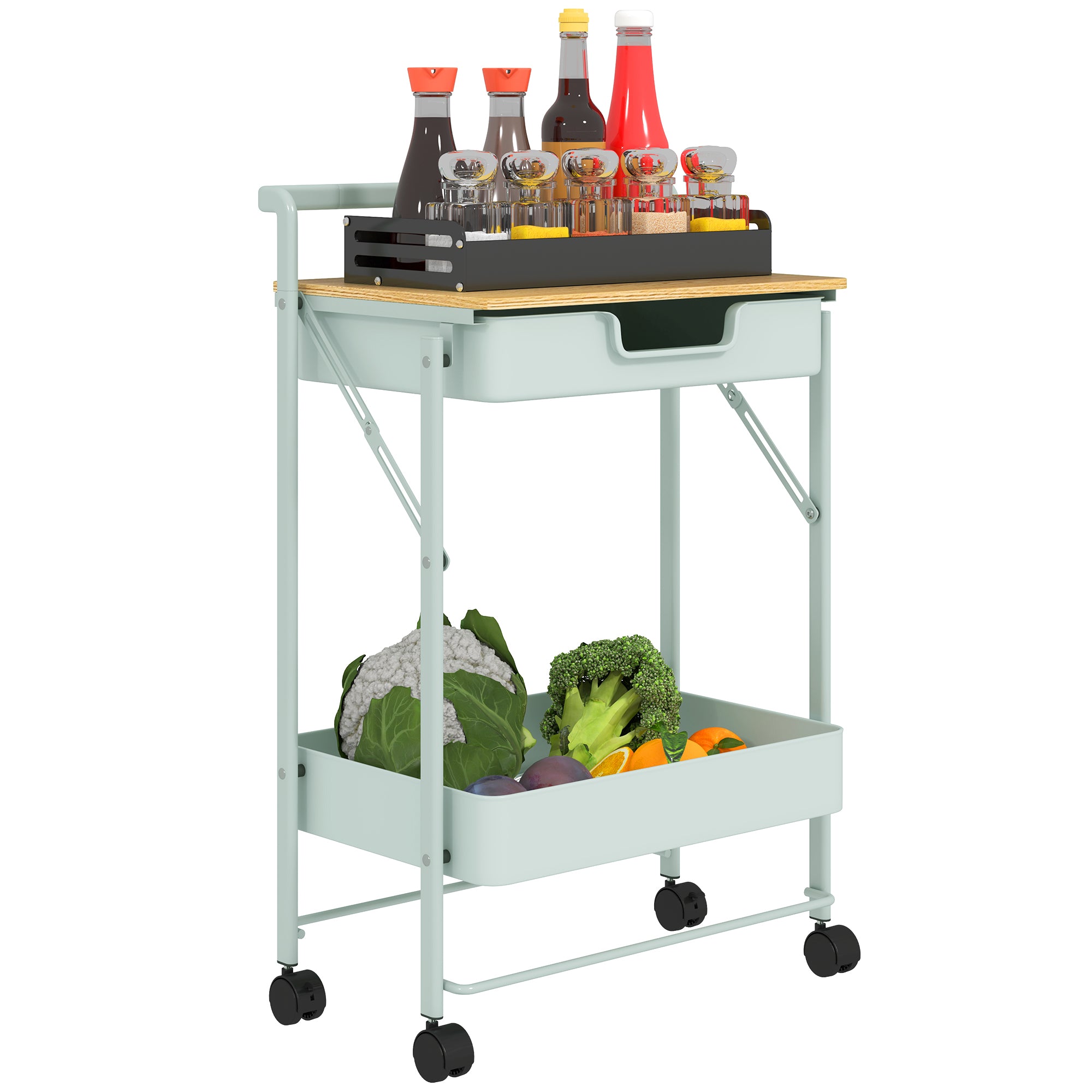 2-Tier Rolling Utility Cart with 1 Drawer and 1 Basket Organizer Cart for Bedroom Living Room Office Light Green
