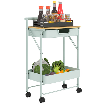 2-Tier Rolling Utility Cart with 1 Drawer and 1 Basket Organizer Cart for Bedroom Living Room Office Light Green