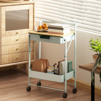 2-Tier Rolling Utility Cart with 1 Drawer and 1 Basket Organizer Cart for Bedroom Living Room Office Light Green