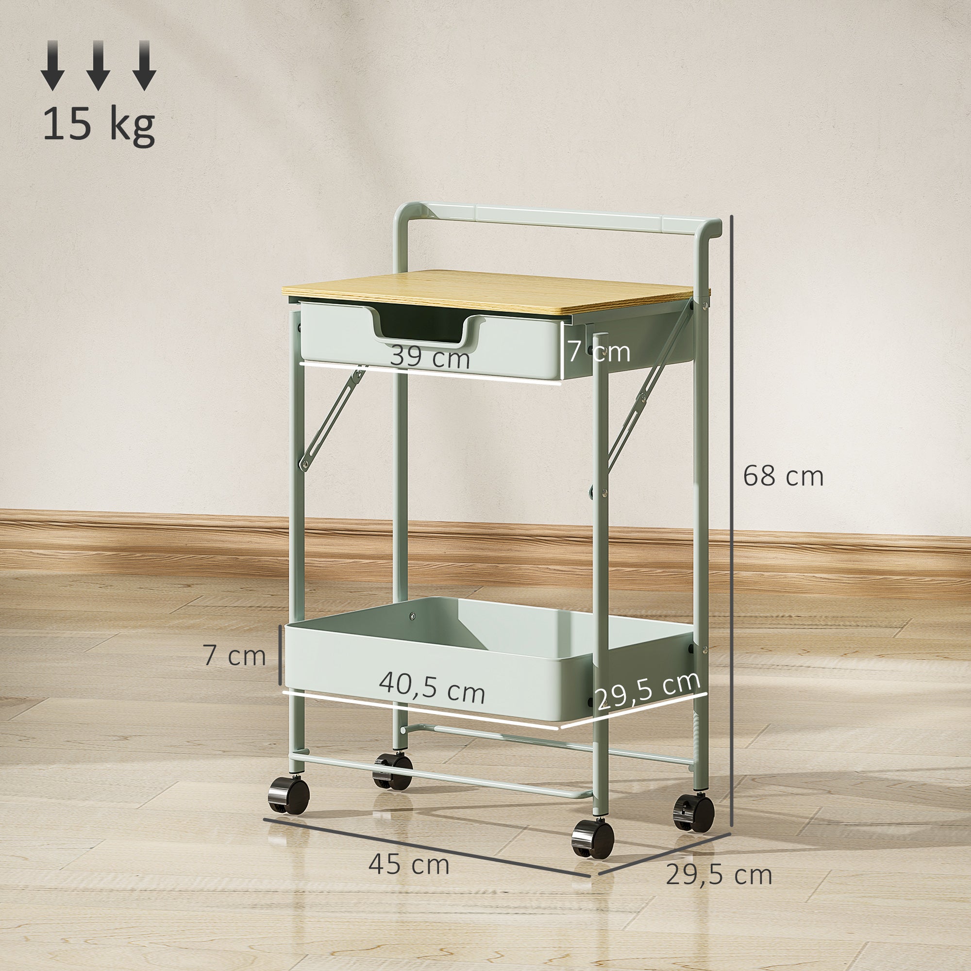 2-Tier Rolling Utility Cart with 1 Drawer and 1 Basket Organizer Cart for Bedroom Living Room Office Light Green