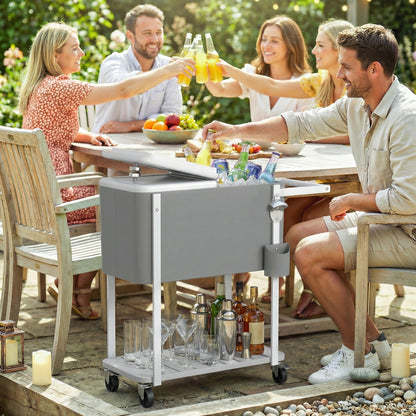 56L Wheeled Cooler Cart with Shelf, Bottle Opener, Cap Catcher, Drain & Handle — Outdoor Patio Party BBQ Cooler, 84 × 38 × 83 cm, Gray