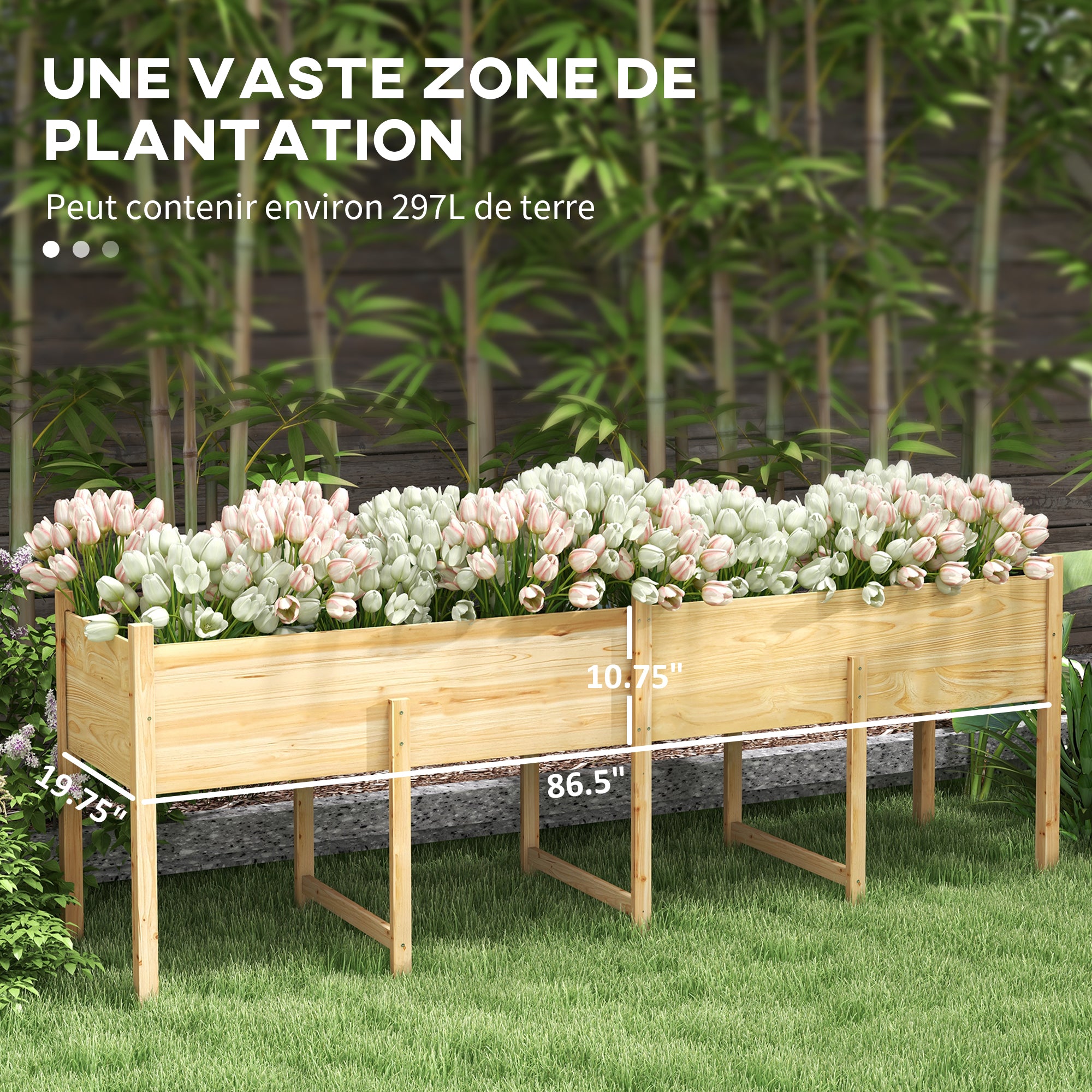 Raised Flower Box on Stand, incl. Irrigation Inserts + Drainage Fleece, Pre-oiled Spruce Wood, Dimensions 225L x 55W x 80H cm