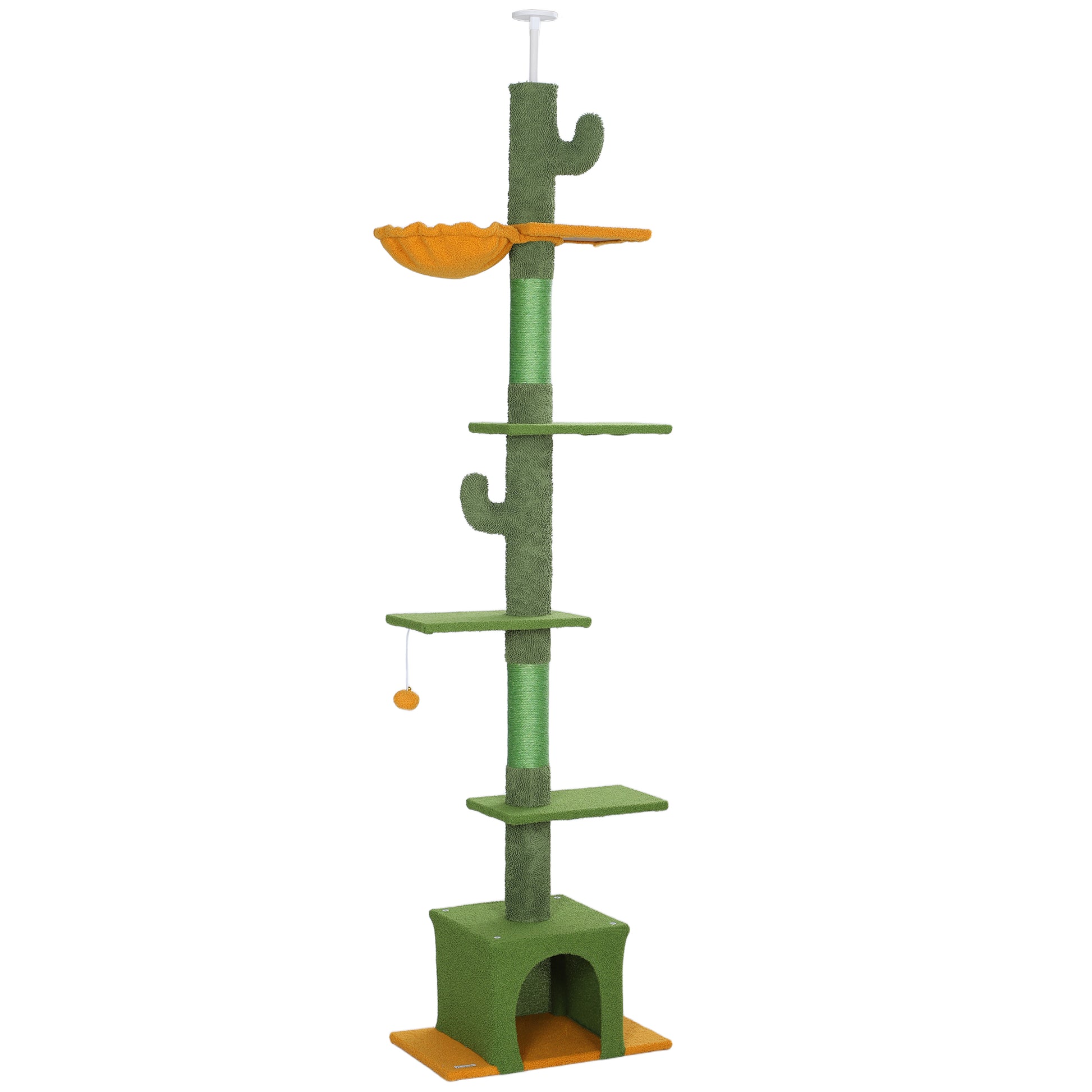 Ceiling High Cat Scratching Post, Cat Tree, 230-275 cm Cat Scratching Post with Cat Cave, Scratching Posts, Play Ball, Cat Furniture with Anti-Tip Device, Green