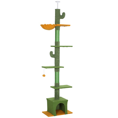 Ceiling High Cat Scratching Post, Cat Tree, 230-275 cm Cat Scratching Post with Cat Cave, Scratching Posts, Play Ball, Cat Furniture with Anti-Tip Device, Green