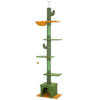 Ceiling High Cat Scratching Post, Cat Tree, 230-275 cm Cat Scratching Post with Cat Cave, Scratching Posts, Play Ball, Cat Furniture with Anti-Tip Device, Green