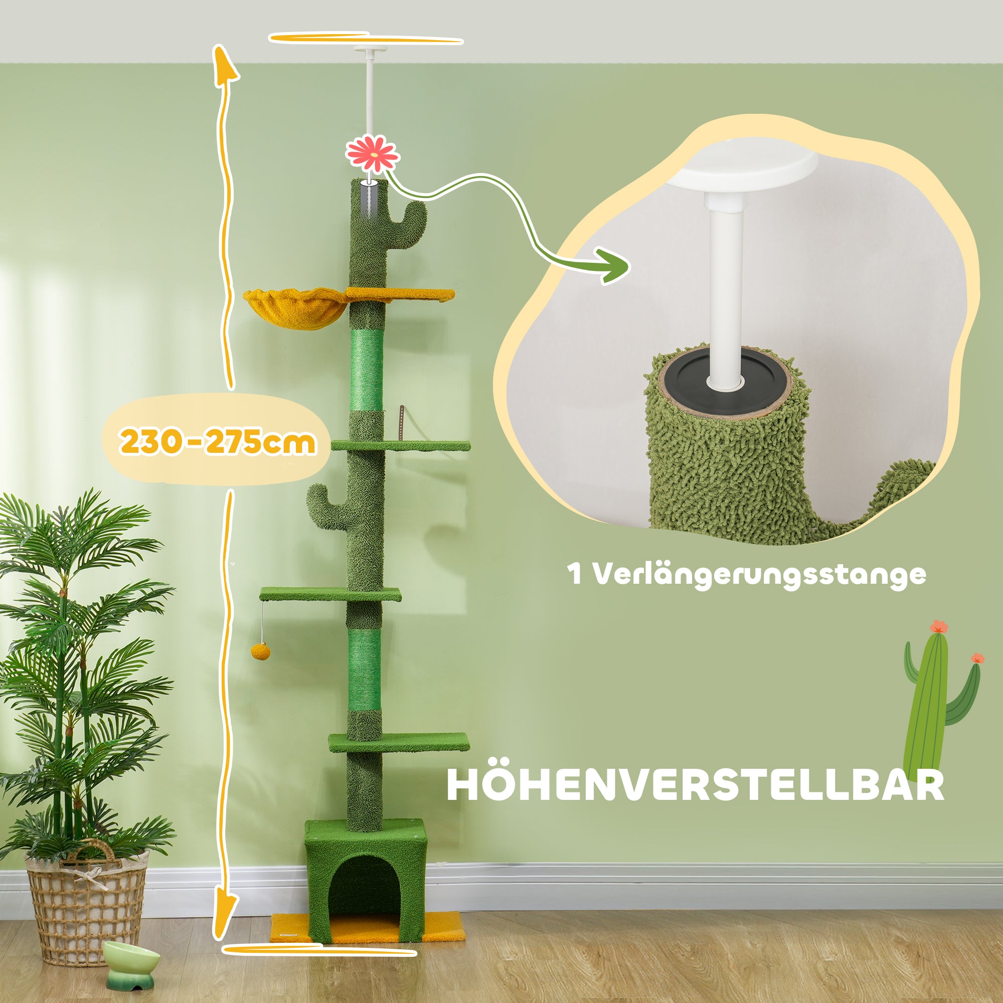 Ceiling High Cat Scratching Post, Cat Tree, 230-275 cm Cat Scratching Post with Cat Cave, Scratching Posts, Play Ball, Cat Furniture with Anti-Tip Device, Green