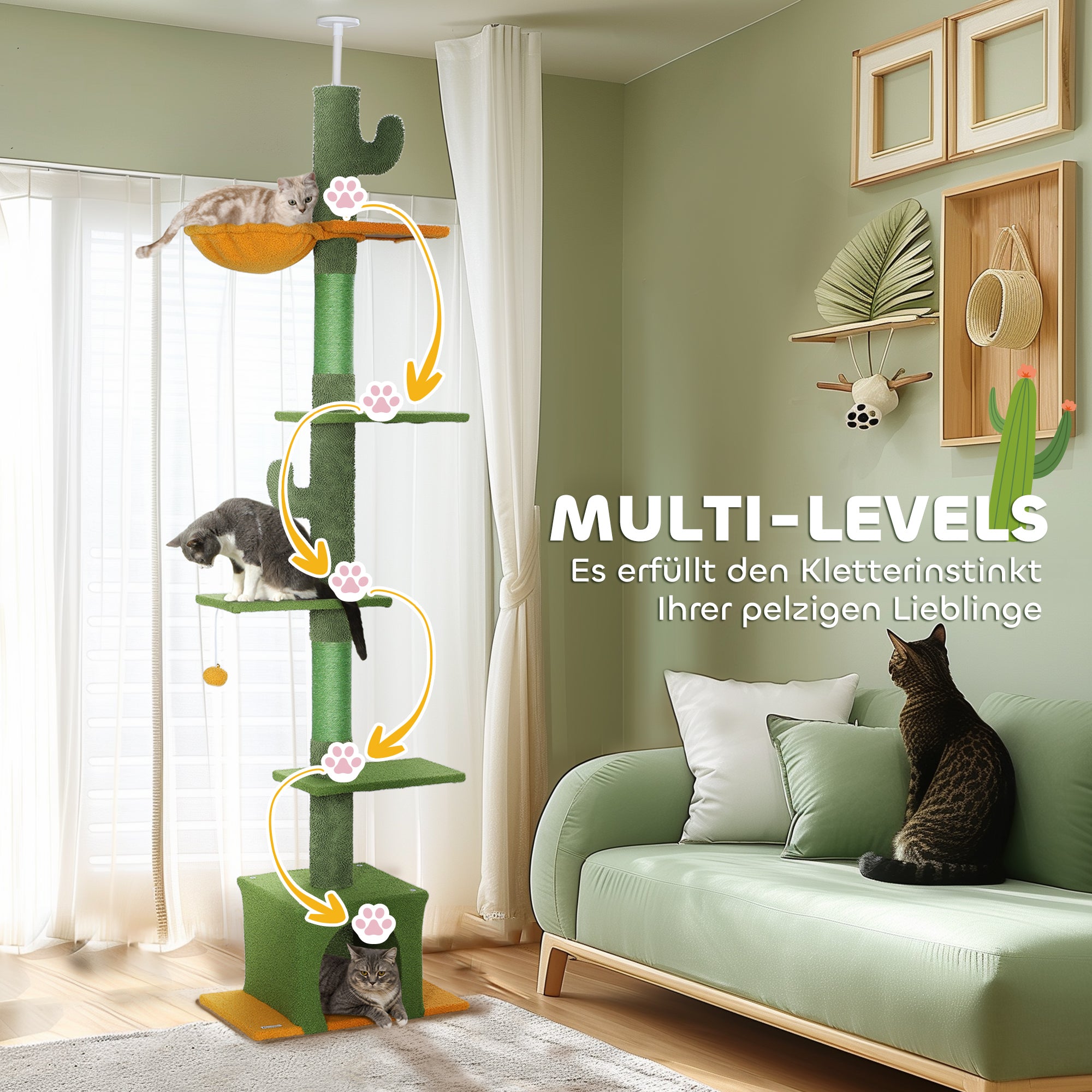 Ceiling High Cat Scratching Post, Cat Tree, 230-275 cm Cat Scratching Post with Cat Cave, Scratching Posts, Play Ball, Cat Furniture with Anti-Tip Device, Green