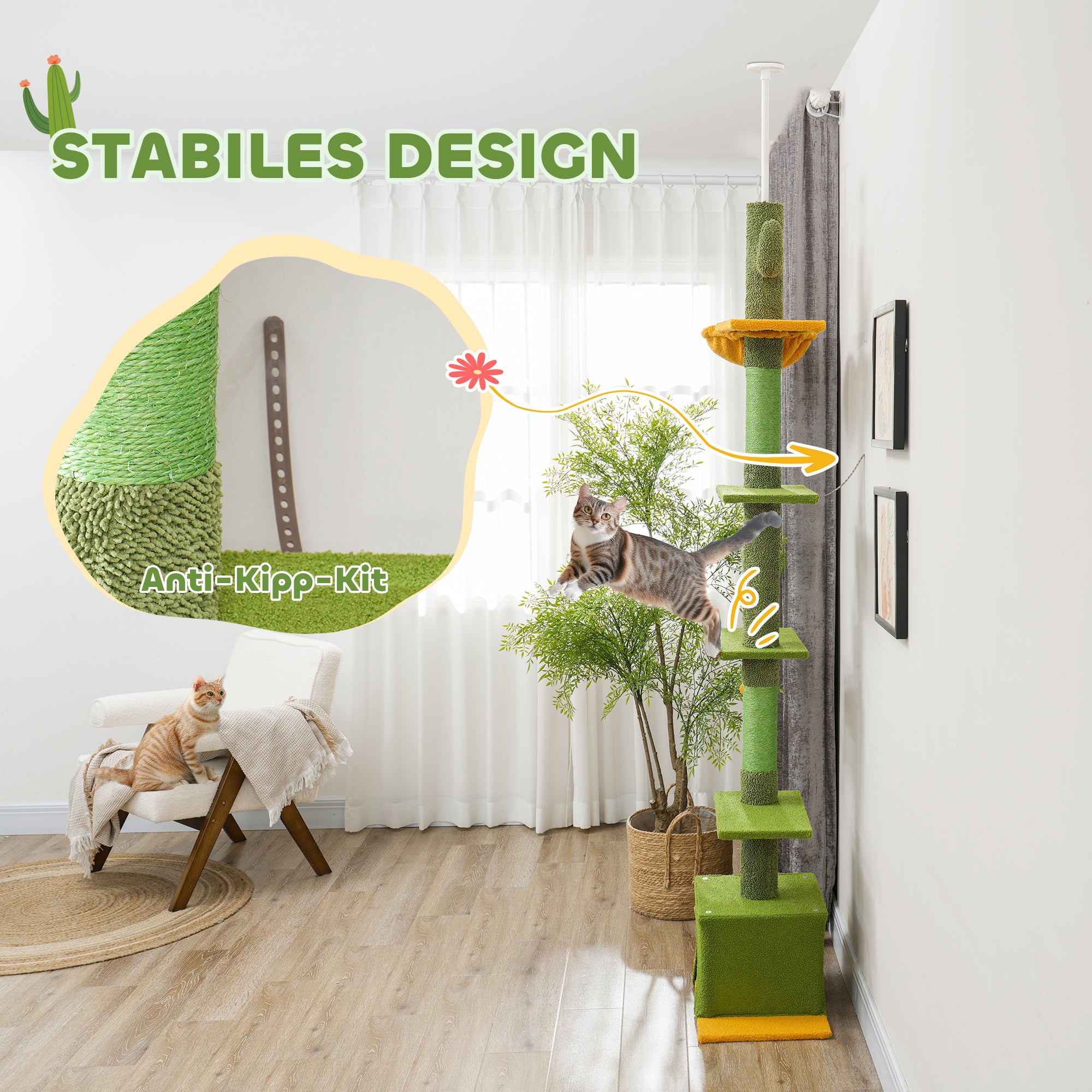 Ceiling High Cat Scratching Post, Cat Tree, 230-275 cm Cat Scratching Post with Cat Cave, Scratching Posts, Play Ball, Cat Furniture with Anti-Tip Device, Green