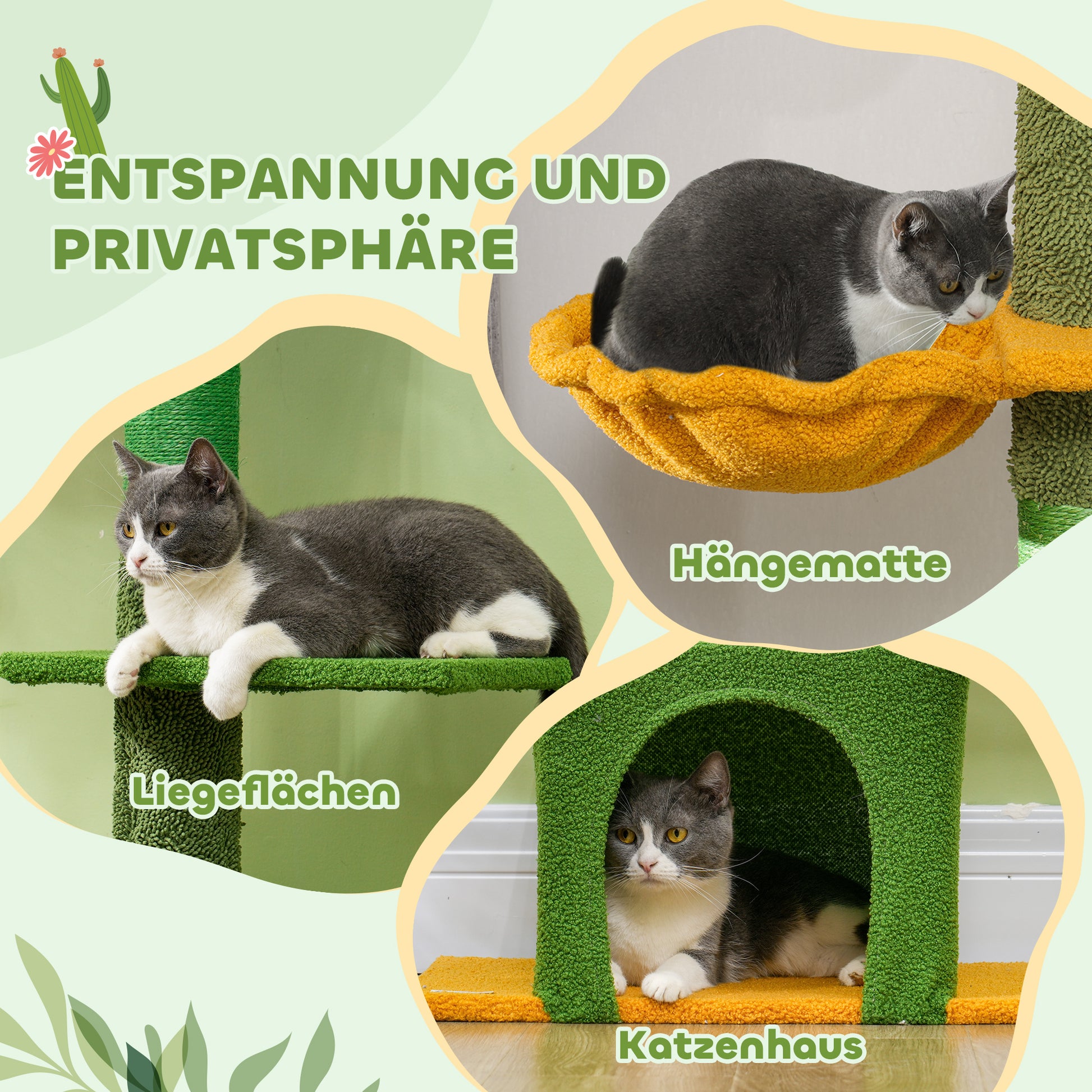 Ceiling High Cat Scratching Post, Cat Tree, 230-275 cm Cat Scratching Post with Cat Cave, Scratching Posts, Play Ball, Cat Furniture with Anti-Tip Device, Green