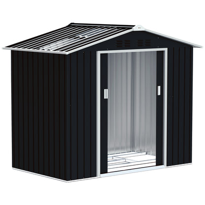 Garden Shed 2.42m² with Reinforcement Base Without Floor 213x130x185 cm Outdoor Garden Shed with Sliding Doors Skylight 4 Windows for Tool Storage Dark Gray