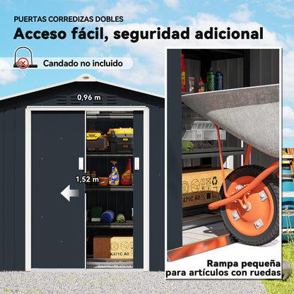 Garden Shed 2.42m² with Reinforcement Base Without Floor 213x130x185 cm Outdoor Garden Shed with Sliding Doors Skylight 4 Windows for Tool Storage Dark Gray