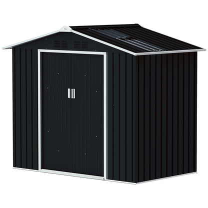 Garden Shed 2.42m² with Reinforcement Base Without Floor 213x130x185 cm Outdoor Garden Shed with Sliding Doors Skylight 4 Windows for Tool Storage Dark Gray