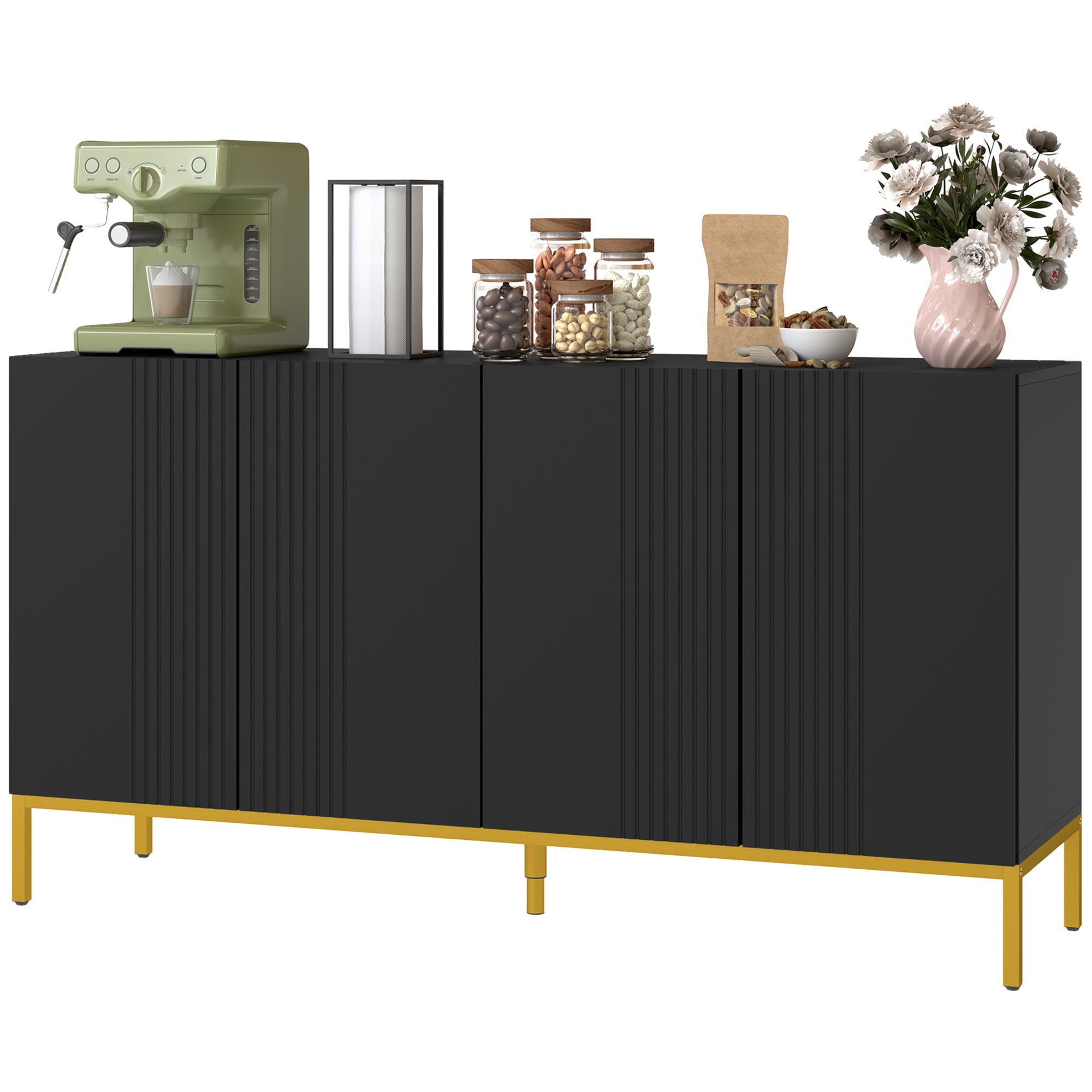 Contemporary Graphic Design Storage Buffet Cabinet with 2 Cupboards Adjustable Shelves Black Wood Golden Metal