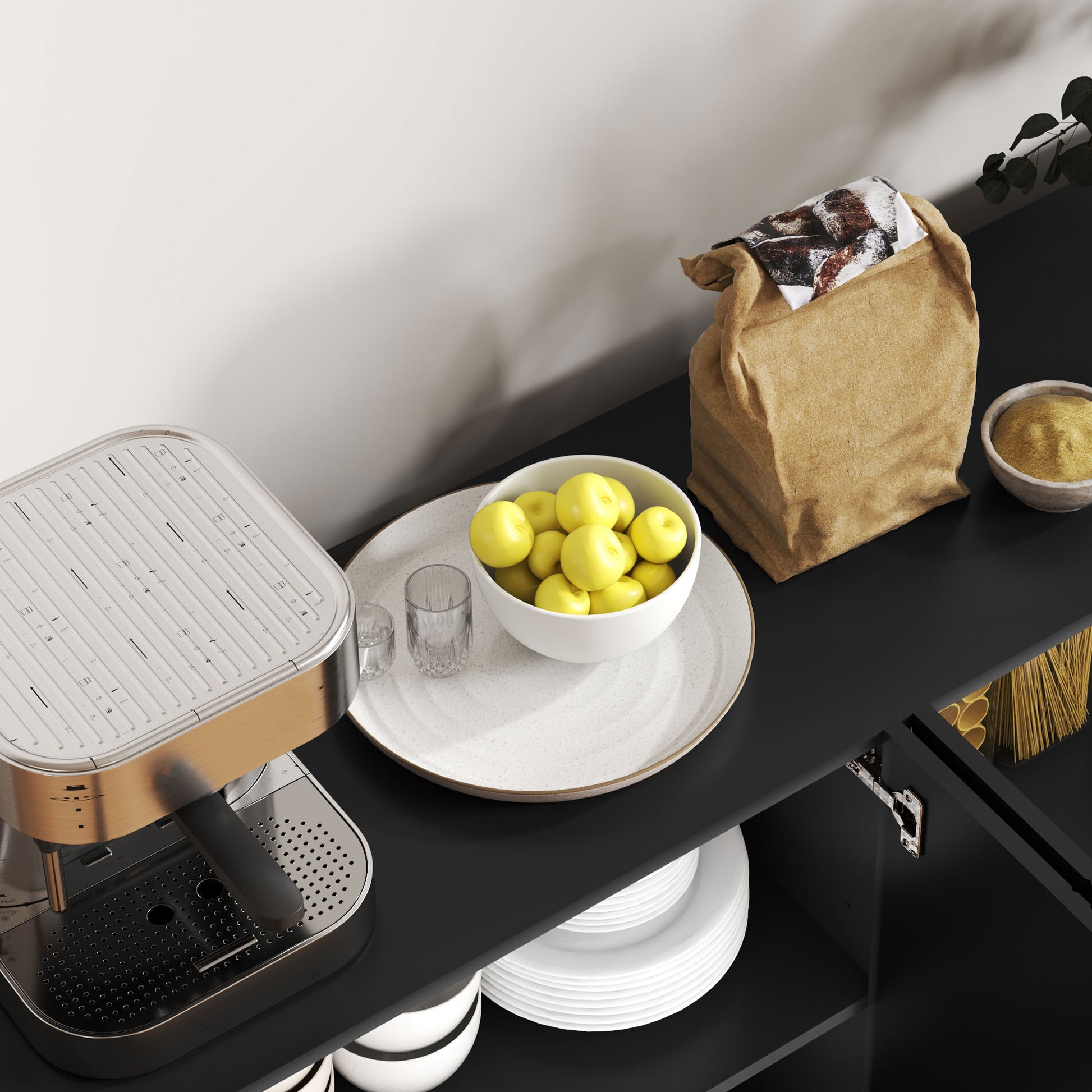 Contemporary Graphic Design Storage Buffet Cabinet with 2 Cupboards Adjustable Shelves Black Wood Golden Metal