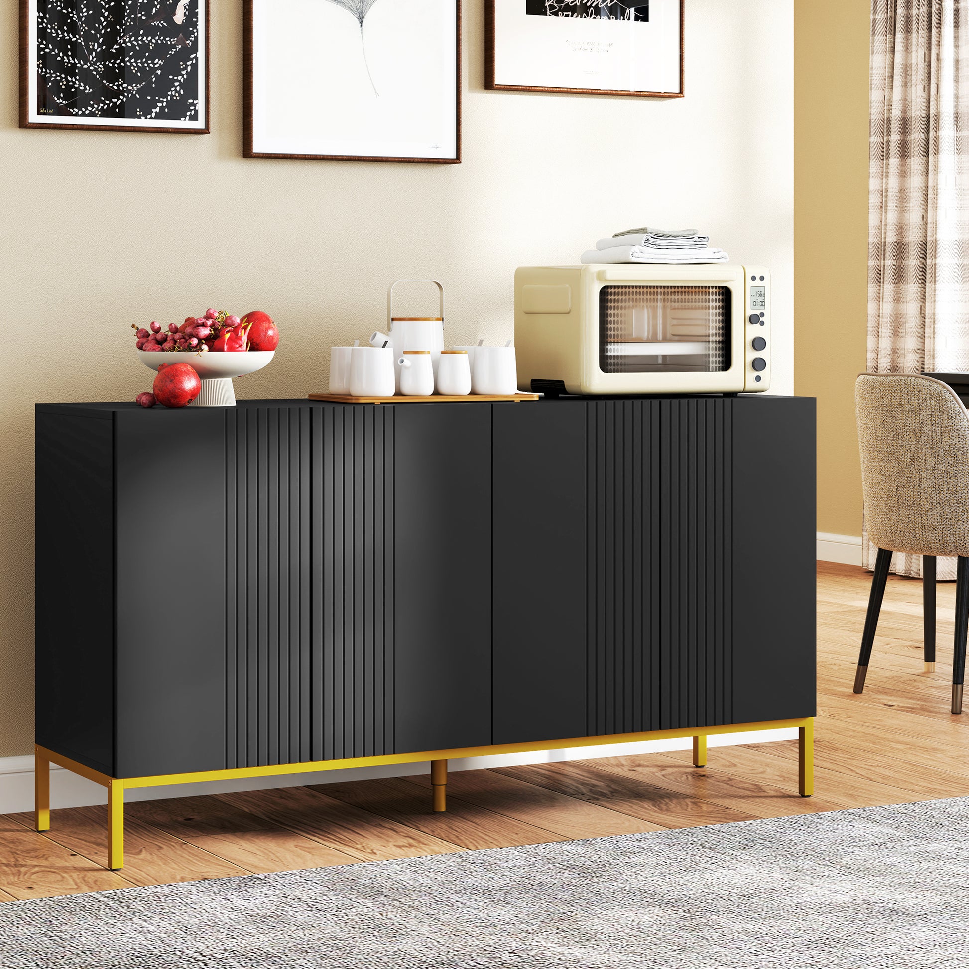 Contemporary Graphic Design Storage Buffet Cabinet with 2 Cupboards Adjustable Shelves Black Wood Golden Metal