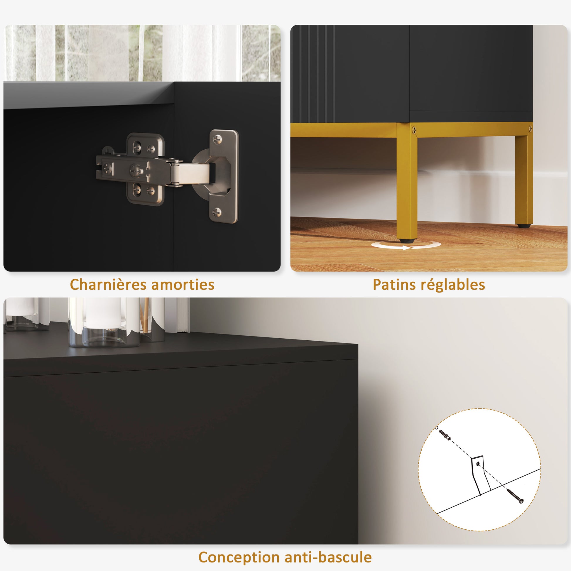 Contemporary Graphic Design Storage Buffet Cabinet with 2 Cupboards Adjustable Shelves Black Wood Golden Metal