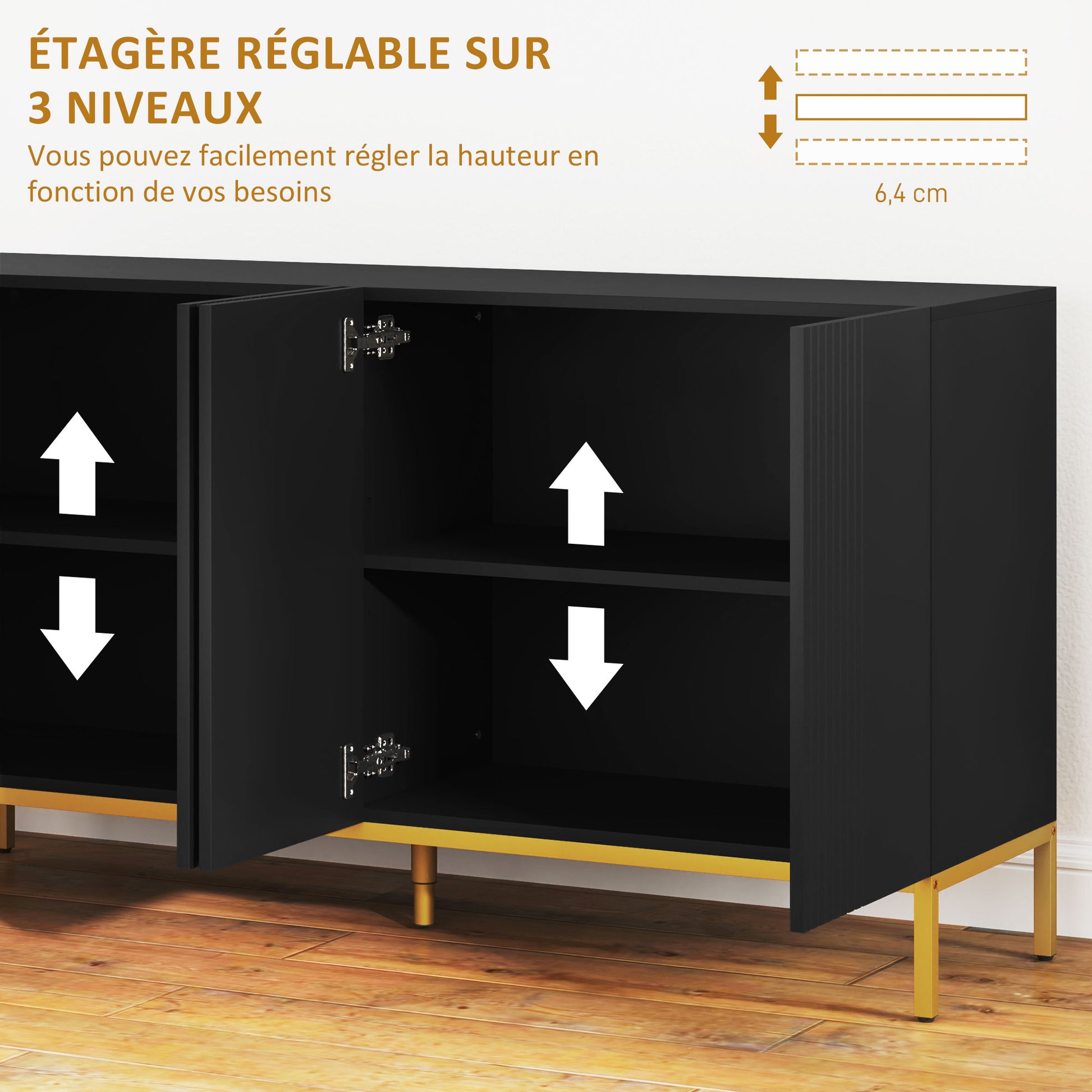Contemporary Graphic Design Storage Buffet Cabinet with 2 Cupboards Adjustable Shelves Black Wood Golden Metal