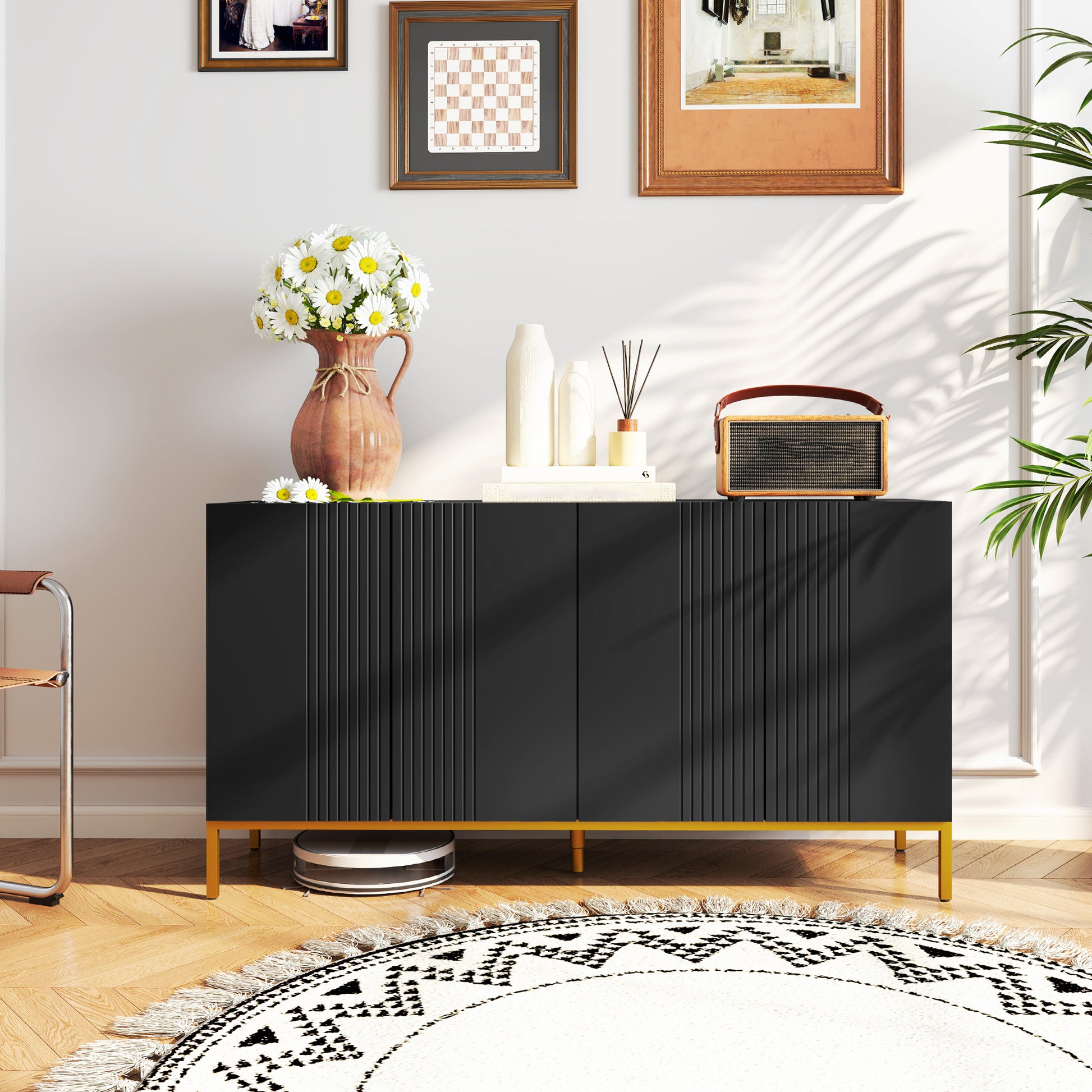Contemporary Graphic Design Storage Buffet Cabinet with 2 Cupboards Adjustable Shelves Black Wood Golden Metal