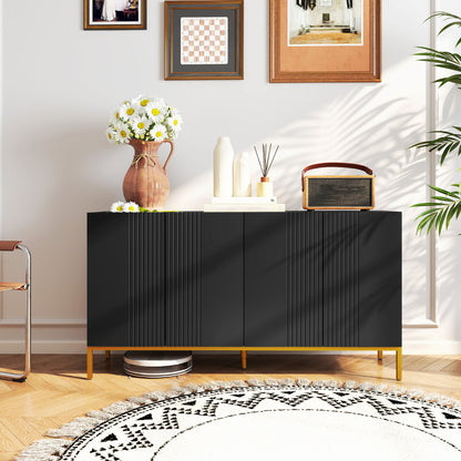Contemporary Graphic Design Storage Buffet Cabinet with 2 Cupboards Adjustable Shelves Black Wood Golden Metal