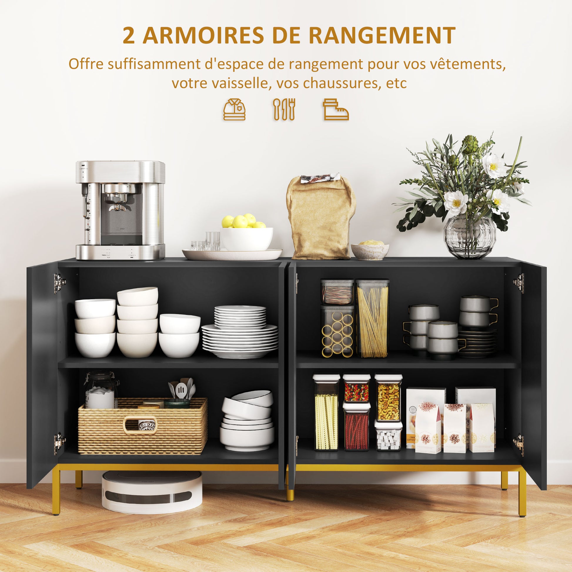 Contemporary Graphic Design Storage Buffet Cabinet with 2 Cupboards Adjustable Shelves Black Wood Golden Metal