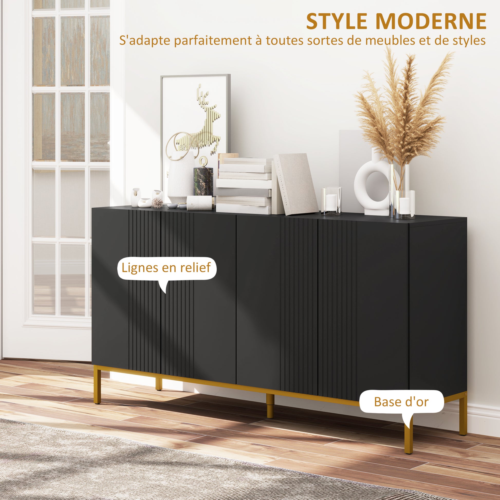 Contemporary Graphic Design Storage Buffet Cabinet with 2 Cupboards Adjustable Shelves Black Wood Golden Metal