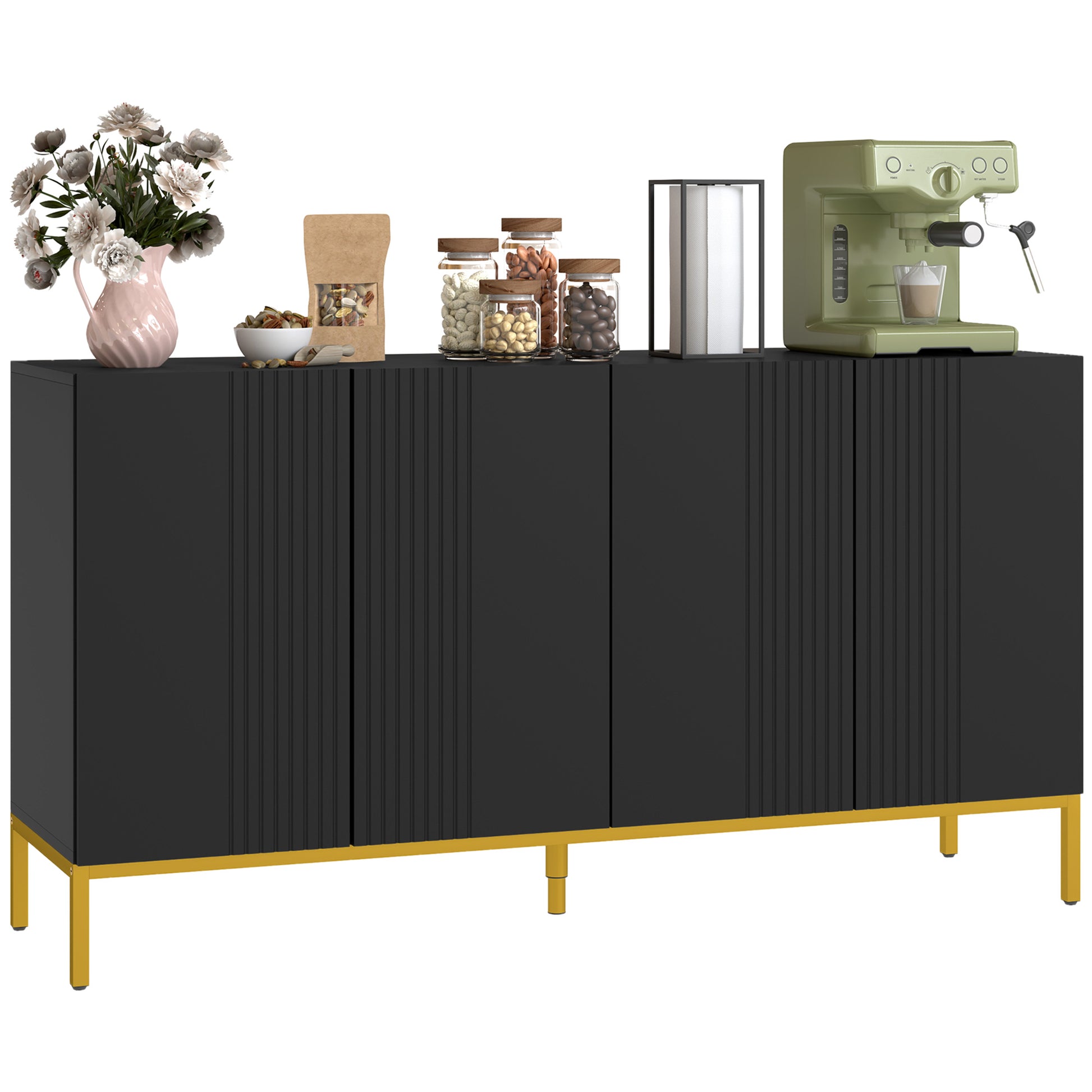 Contemporary Graphic Design Storage Buffet Cabinet with 2 Cupboards Adjustable Shelves Black Wood Golden Metal