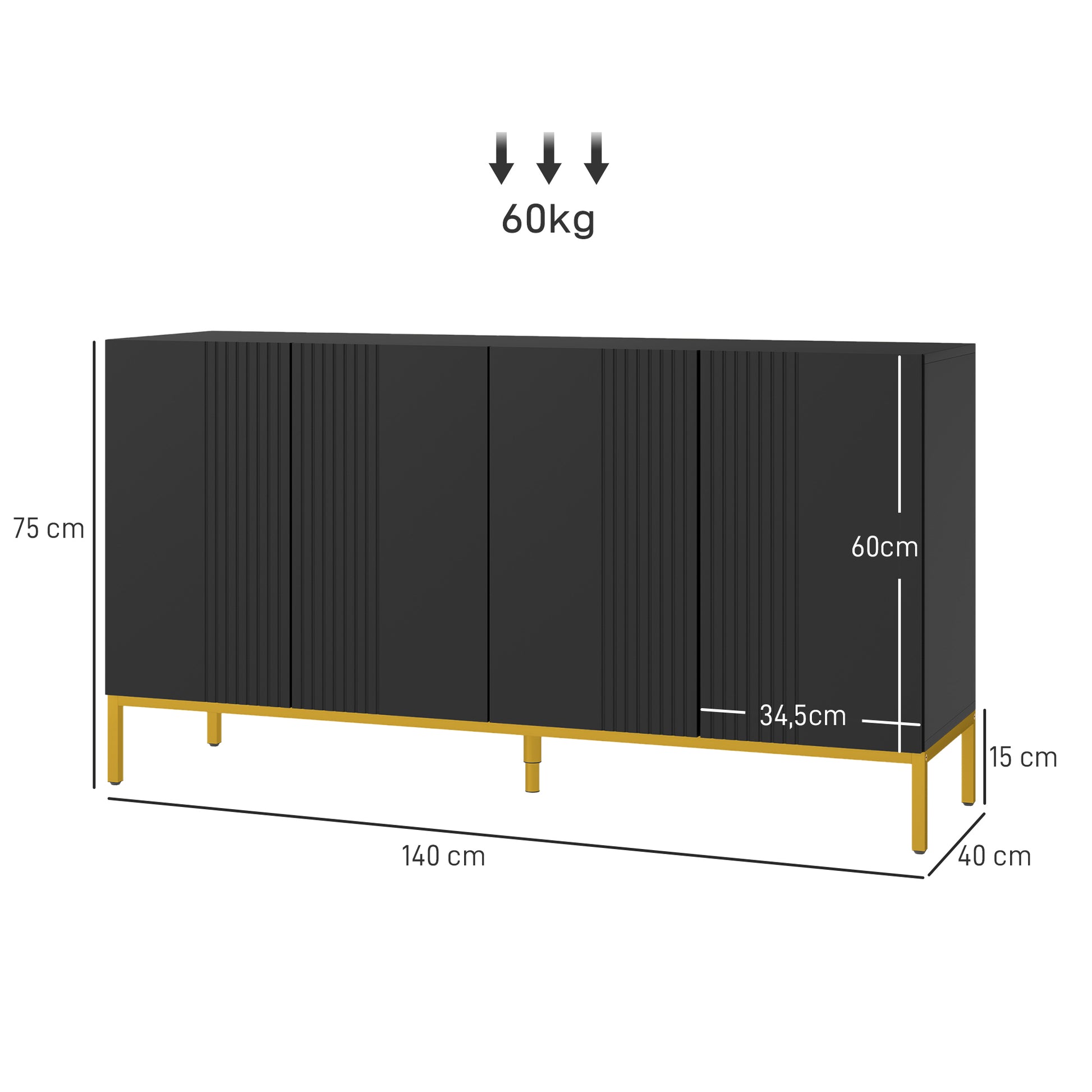 Contemporary Graphic Design Storage Buffet Cabinet with 2 Cupboards Adjustable Shelves Black Wood Golden Metal