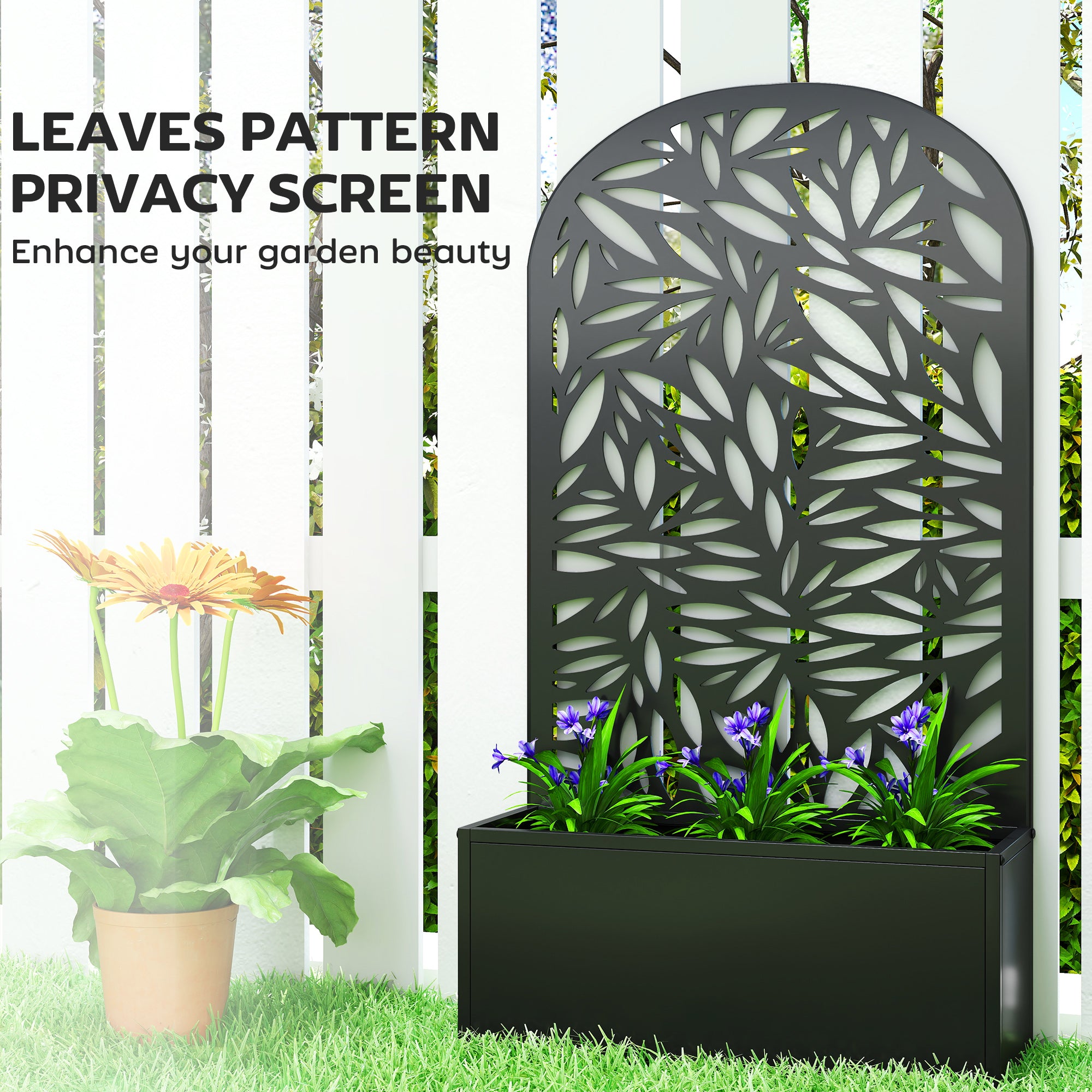 Elevated Planter with Leaf-Pattern Trellis — Metal Flower Box 24" x 9" x 44.5" for Garden, Balcony & Patio