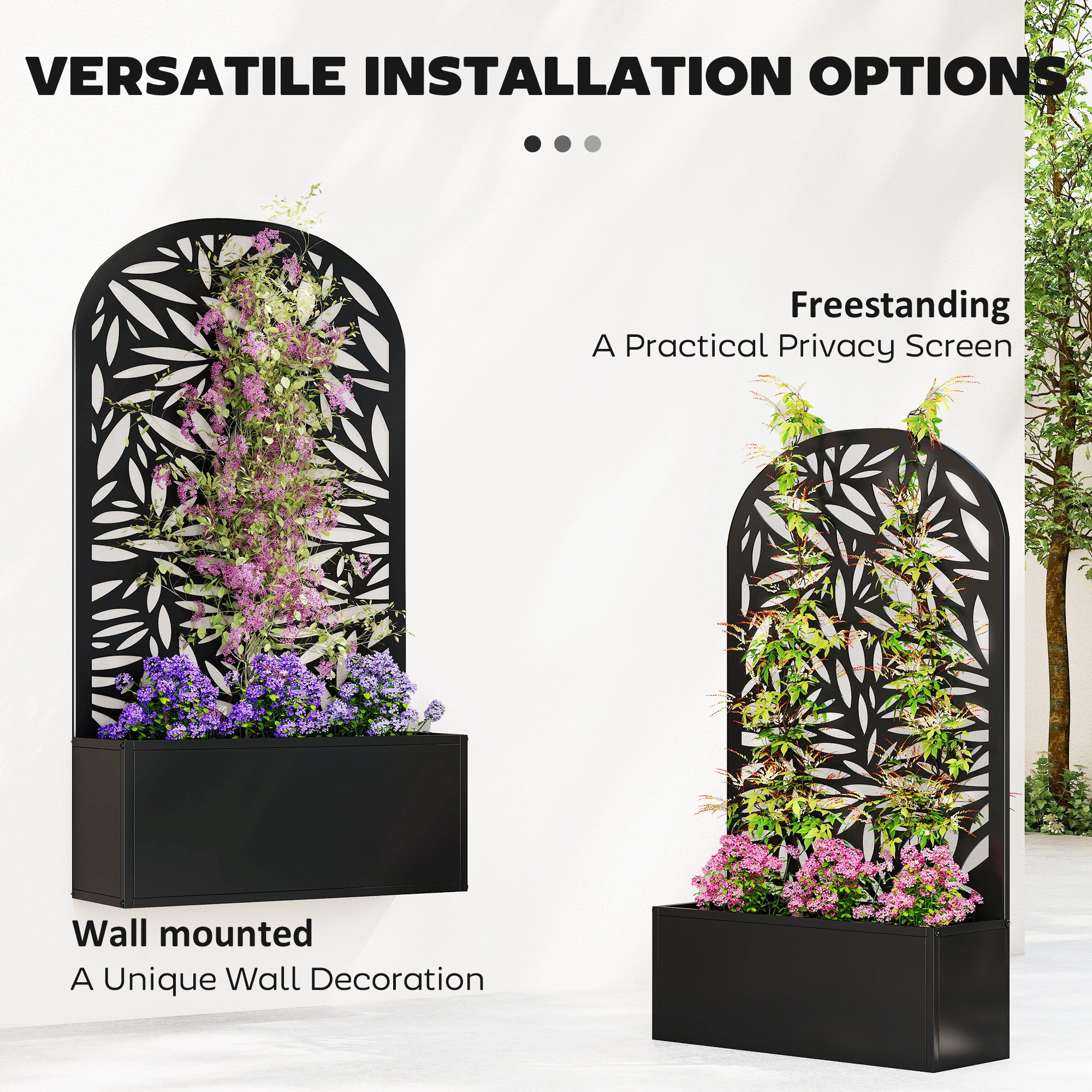 Elevated Planter with Leaf-Pattern Trellis — Metal Flower Box 24" x 9" x 44.5" for Garden, Balcony & Patio