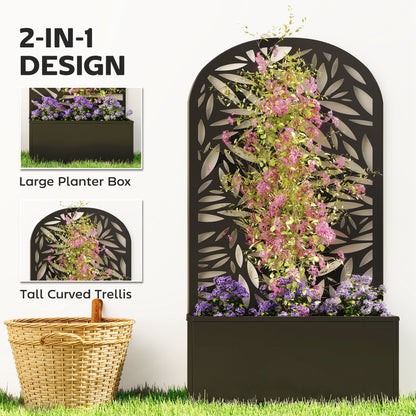 Elevated Planter with Leaf-Pattern Trellis — Metal Flower Box 24" x 9" x 44.5" for Garden, Balcony & Patio