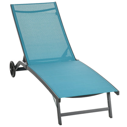 Sun Lounger with Wheels, Aluminum Garden Lounger with 5-Position Adjustable Backrest, Weatherproof Camping Lounger, Garden Chair for up to 150 kg, for Garden Vacation Beach Pool, Blue