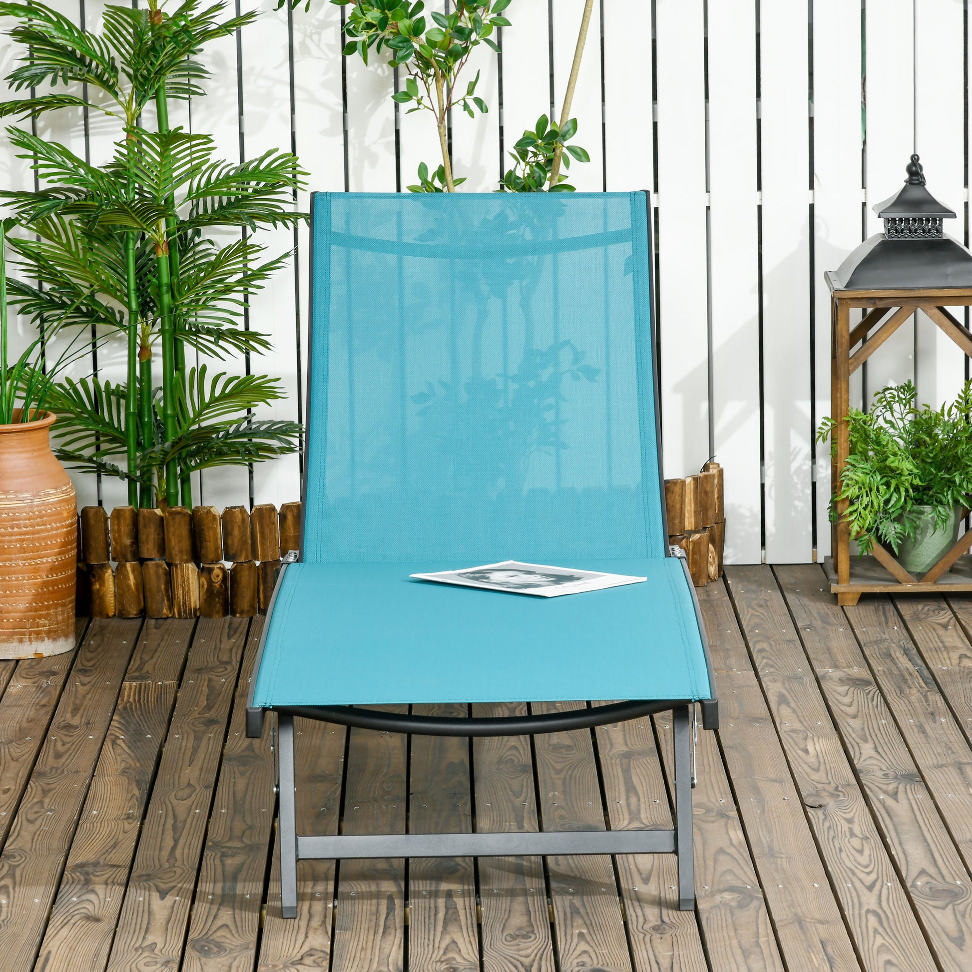 Sun Lounger with Wheels, Aluminum Garden Lounger with 5-Position Adjustable Backrest, Weatherproof Camping Lounger, Garden Chair for up to 150 kg, for Garden Vacation Beach Pool, Blue