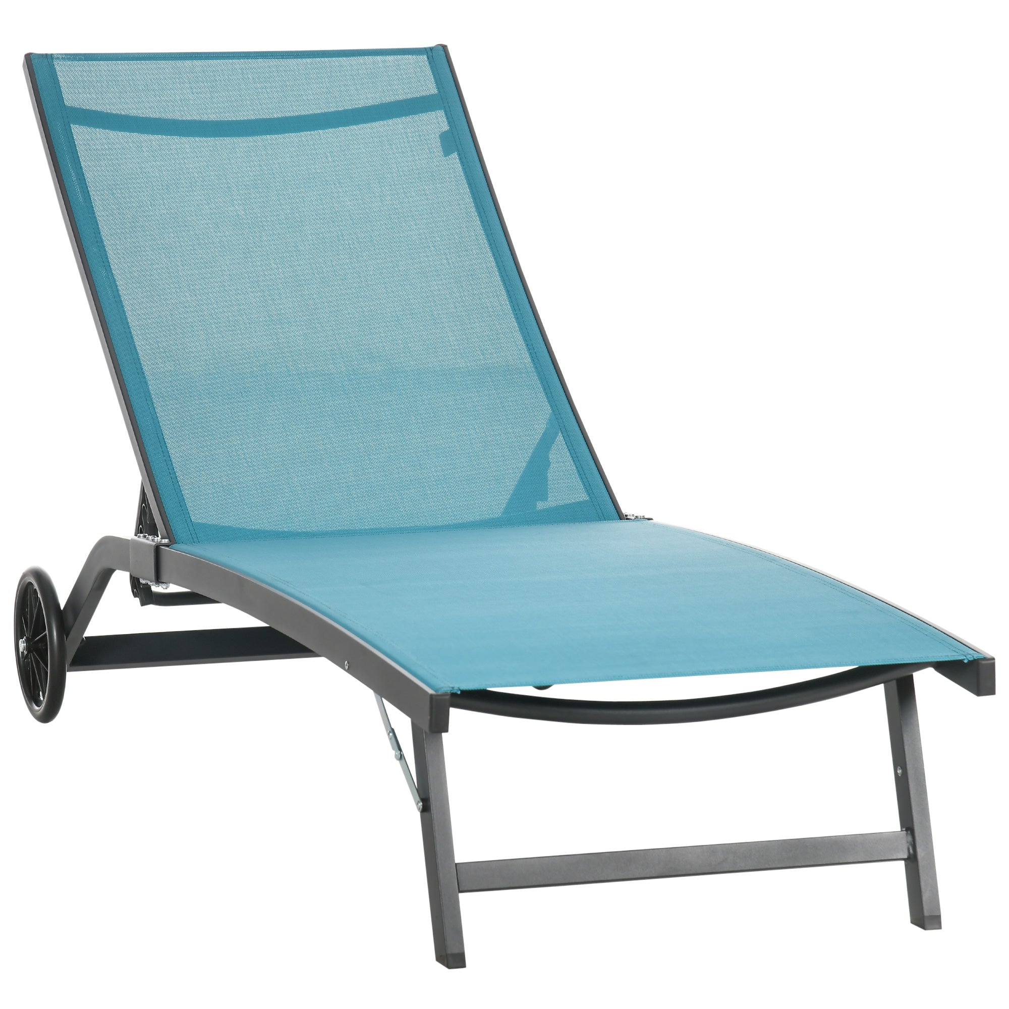 Sun Lounger with Wheels, Aluminum Garden Lounger with 5-Position Adjustable Backrest, Weatherproof Camping Lounger, Garden Chair for up to 150 kg, for Garden Vacation Beach Pool, Blue